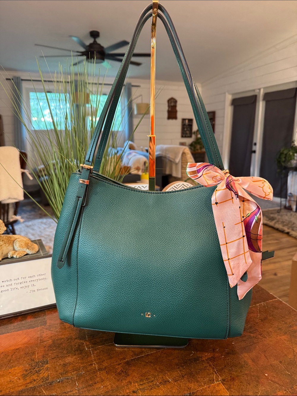 Liz Claiborne Green Leather Shoulder Bag with Pink Scarf Accent